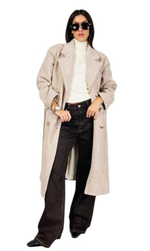 cappotto spigato lungo con cintura,beige/burro MYRA