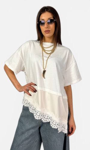 T-shirt Cotone Fondo Raso Pizzo tabacco,bianco DIXIE