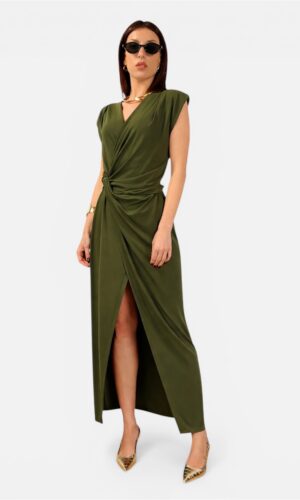 Abito lungo nodo frontale drappeggiato verde oliva,IMPERIAL