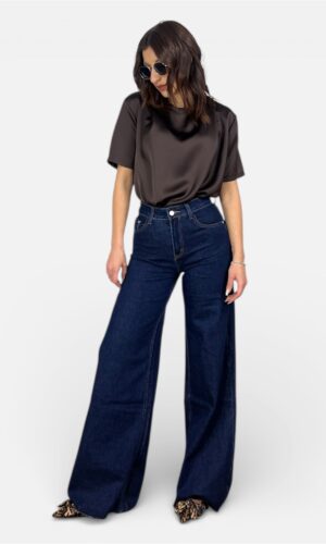 jeans sfrangiato palazzo vita alta, MYRA